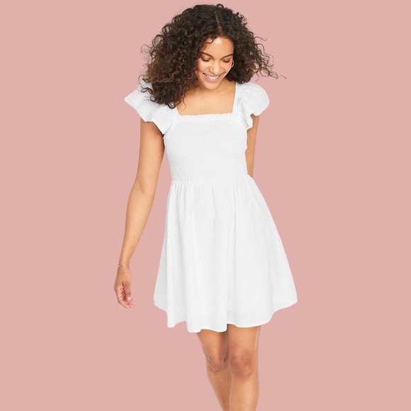 Old Navy Dresses & Skirts - (NWT) Old Navy - white, fit & flare, flutter-sleeve, smocked mini dress (medium)